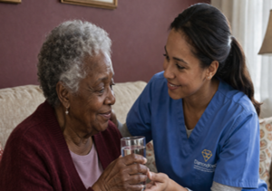 caregiver giving water and help to elderly1